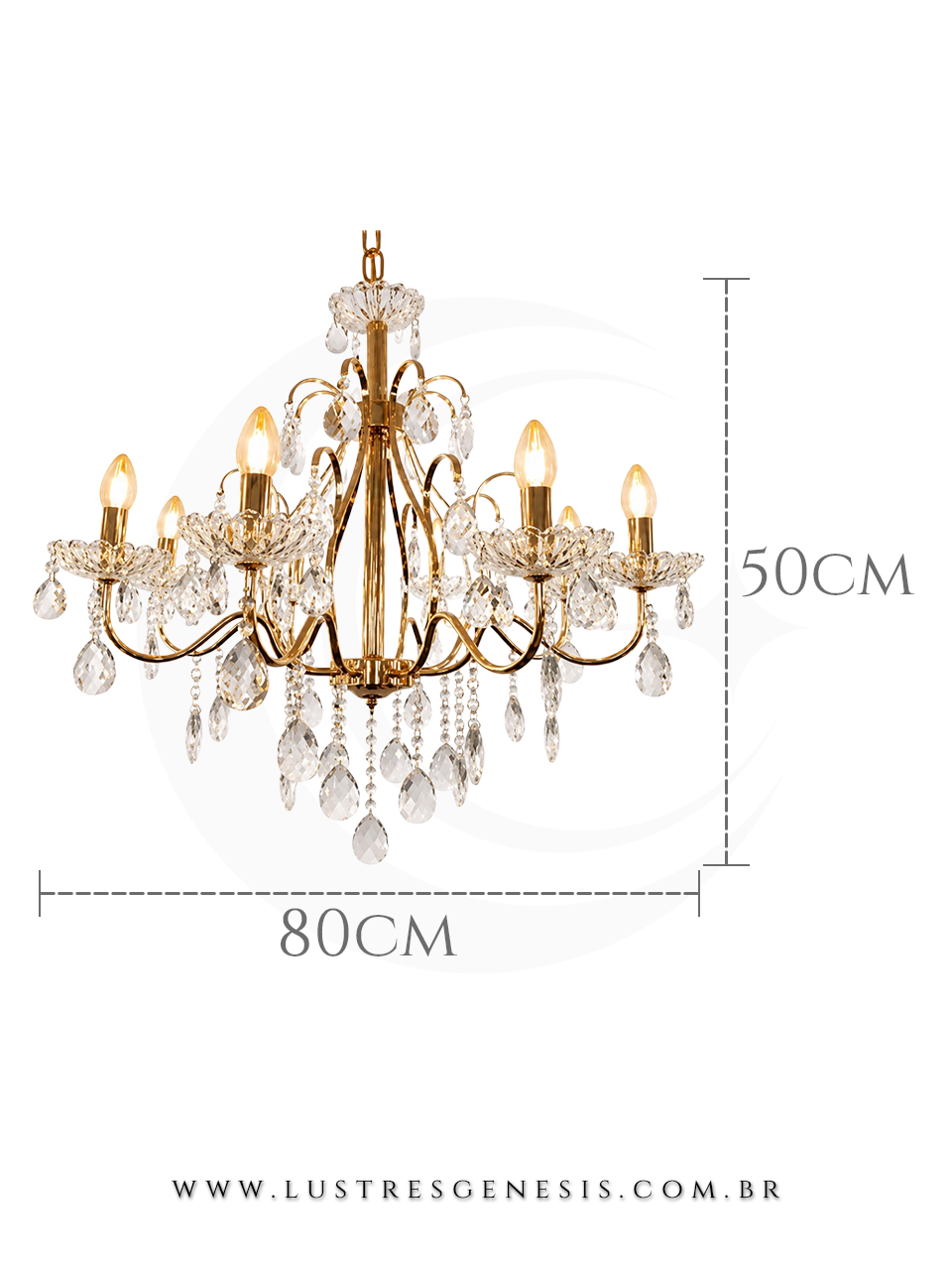 Lustre de Cristal Clássico Dourado com 8 braços, ideal para casas com pé direito duplo. Lustres Gênesis loja online de Lustres e Iluminação Decorativa